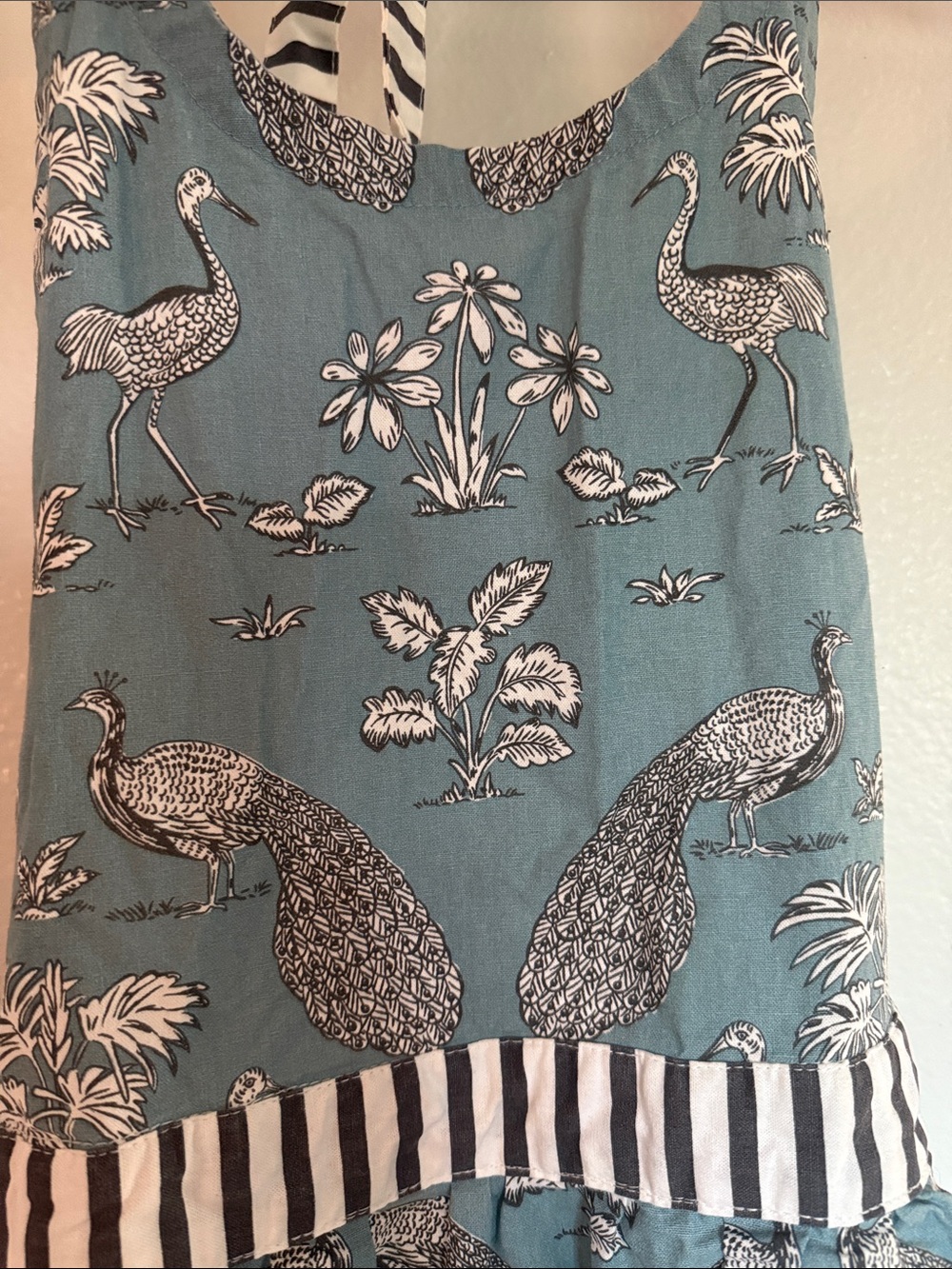 Blue Peacock Print Apron with Striped Accents